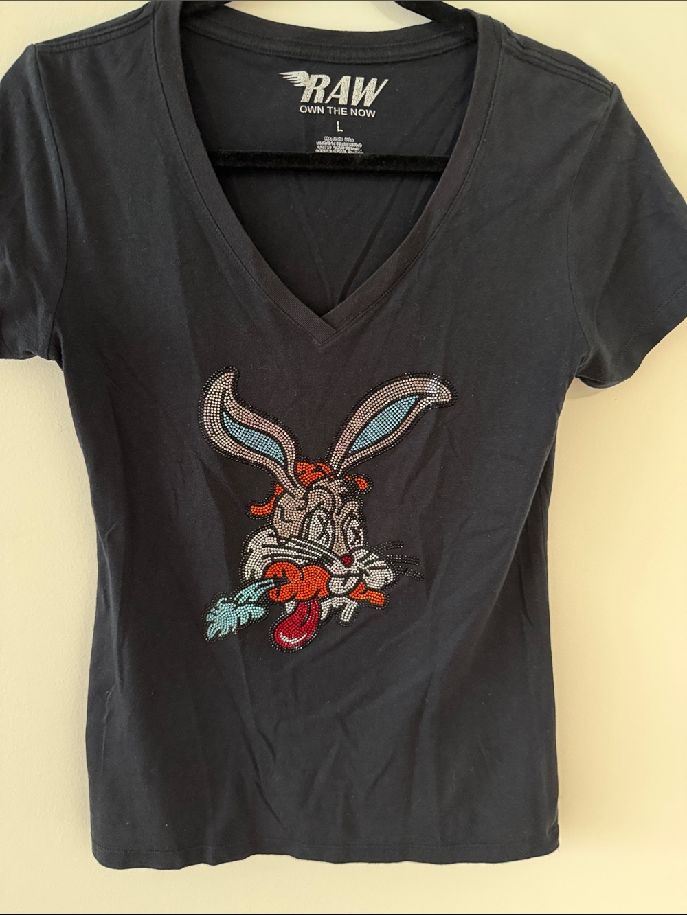 Raw “Own The Now” Black V Neck Embellished T Shirt with Bugs Bunny on Front.